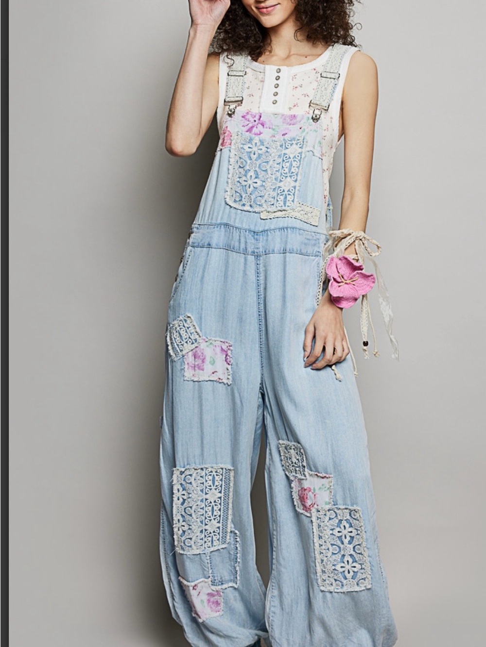 POL Light Blue Denim Patchwork Jumpsuit with Floral Accents - Picture 2 of 8